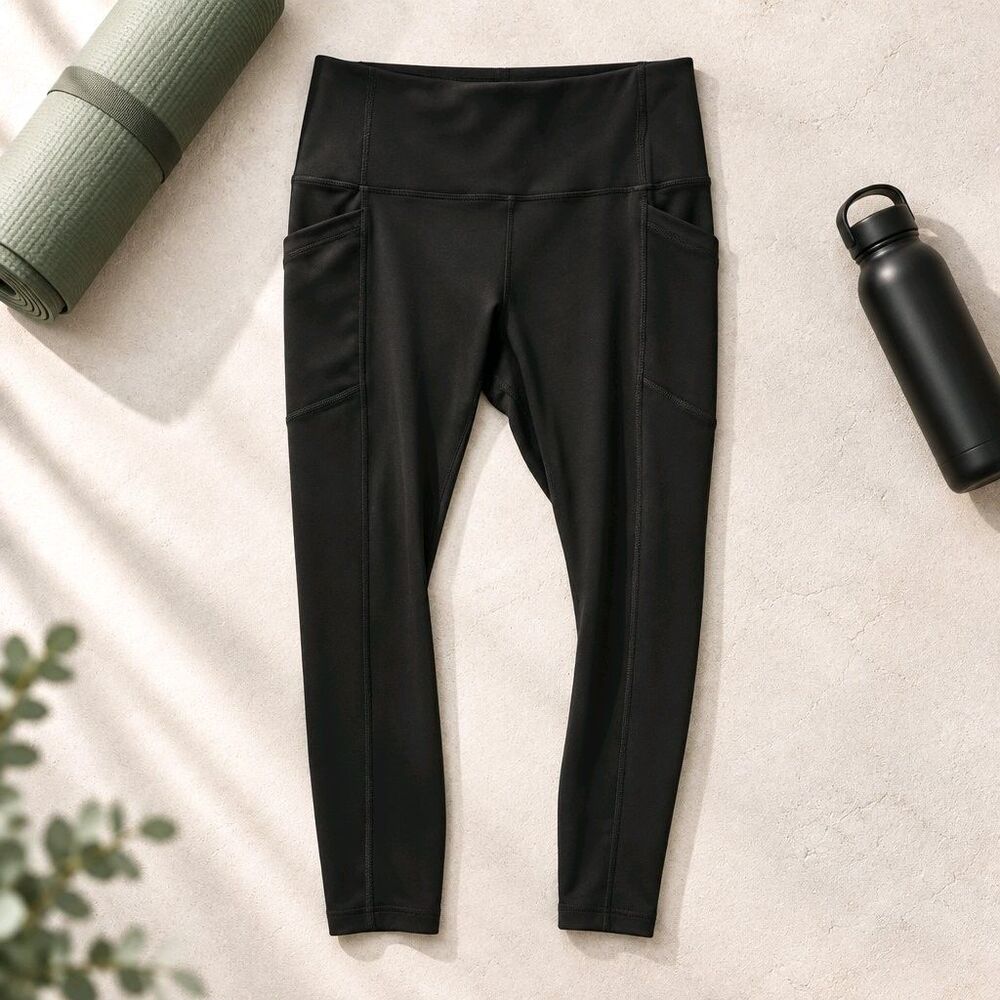 Womens Black Solid High-Rise Ankle Leggings With Side Pockets Size M